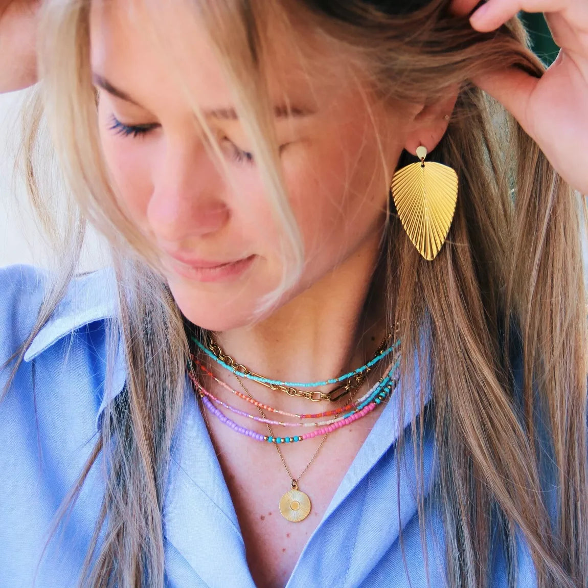 boucle oreille doré feuille acier inoxydable tendance été