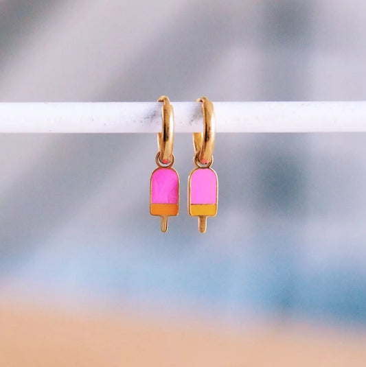 Boucles d'oreilles créoles en acier inoxydable avec sucette glacée - rose/orange - Bazou