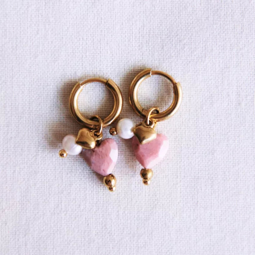 Boucles d'oreilles créoles en acier inoxydable avec cœur en pierre précieuse, mini cœur et perles - Bazou