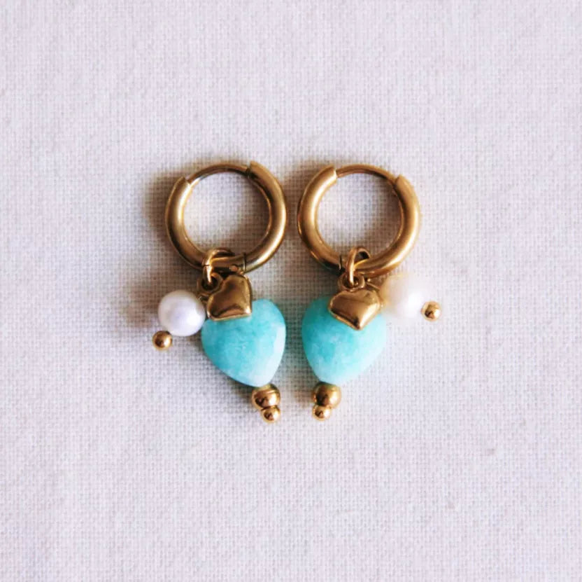 Boucles d'oreilles créoles en acier inoxydable avec cœur en pierre précieuse, mini cœur et perles - Bazou