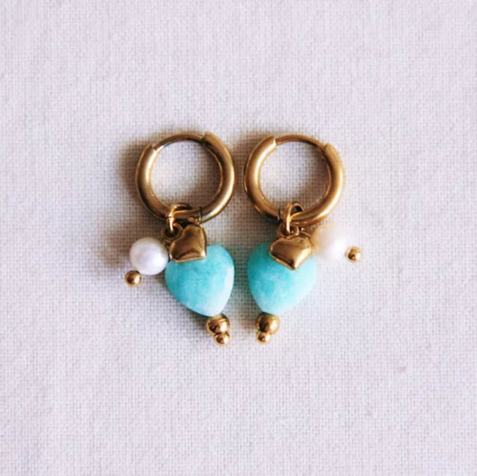 Boucles d'oreilles créoles en acier inoxydable avec cœur en pierre précieuse, mini cœur et perles - Bazou