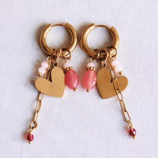 Boucles d'oreilles créoles larges en acier inoxydable avec cœur, chaîne en D et facettes - Bazou