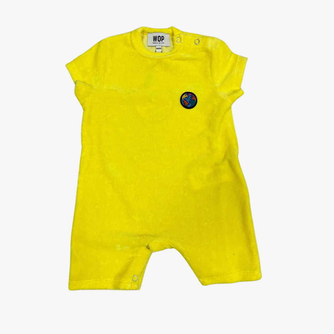 Combinaison verte et jaune à manches courte badge "Planète iconique" en velours pour bébés