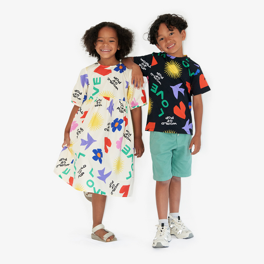 Robe blanche all over imprimée "Symboles" en coton bio pour enfants