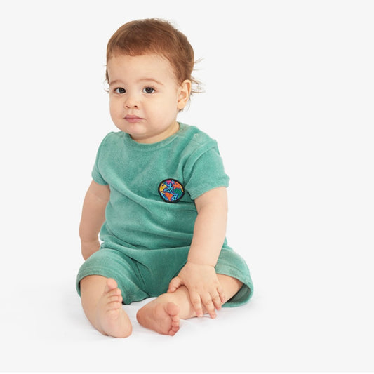 Combinaison verte et jaune à manches courte badge "Planète iconique" en velours pour bébés