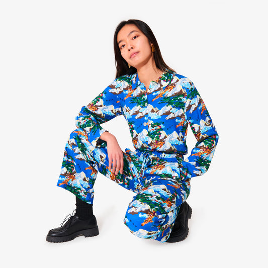 Combinaison bleue imprimée "Winter bobcat" pour adultes en Viscose Ecovero