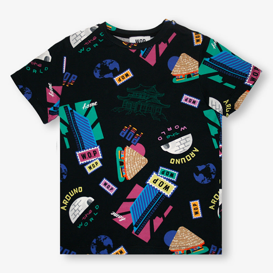 T-shirt noir imprimé "Home World" en coton bio pour enfants