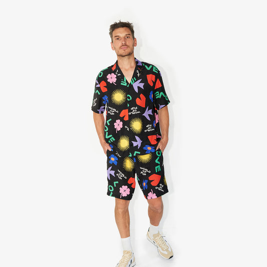 Chemise à manches courte imprimée "Symboles" noir en viscose ecovero