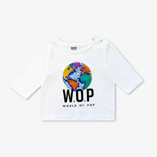 T-shirt blanc iconique "Planète" à manches longues en coton bio pour bébé