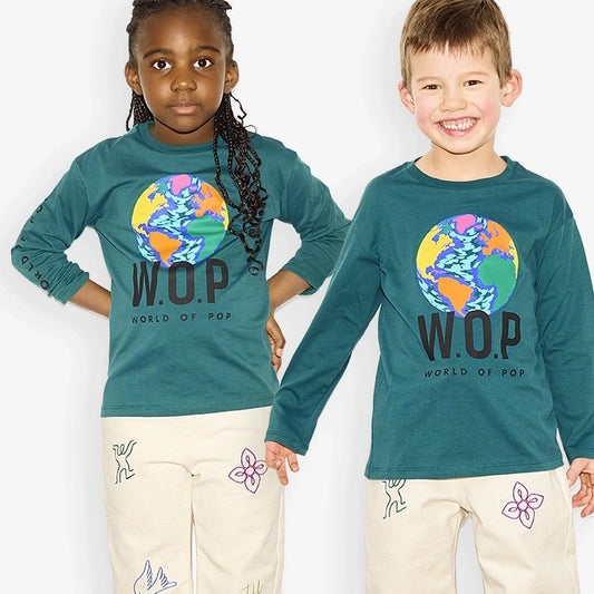 T-shirt vert Planète à manches longues pour enfants en Coton Bio