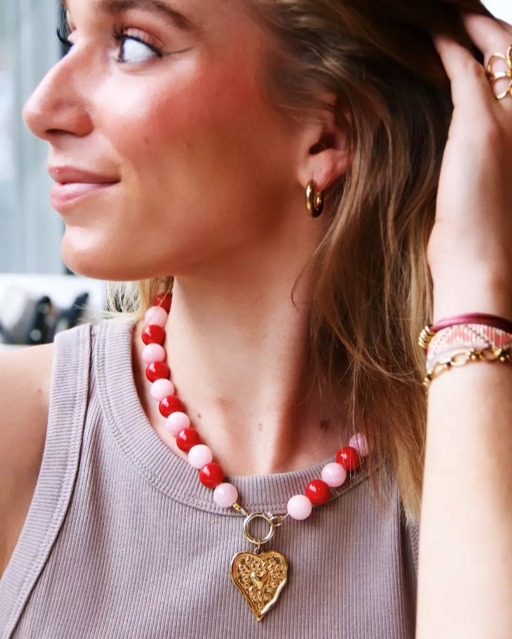 Collier de perles en pierre naturelle XL - mix orange/violet/rouge - Bazou
