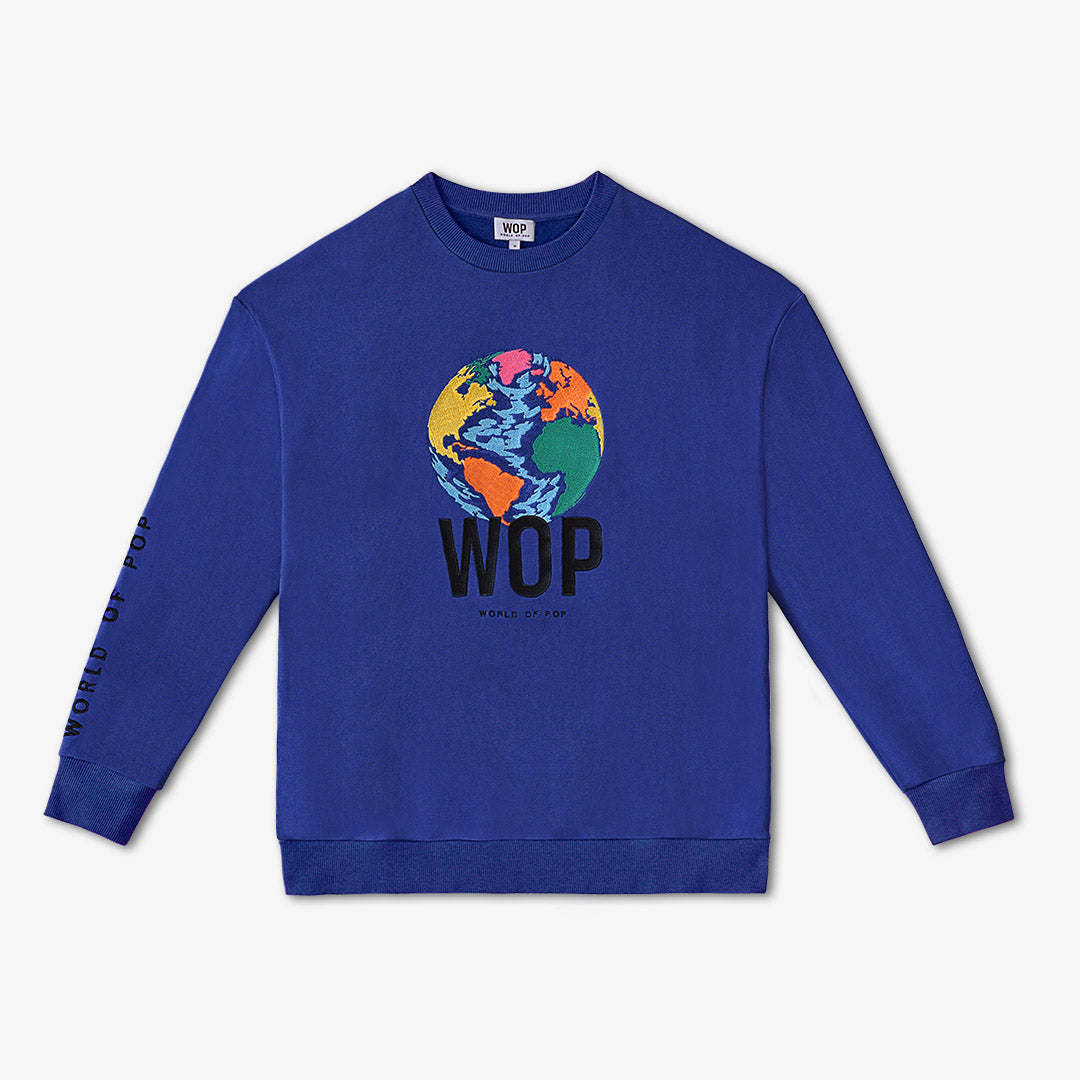 WOP- sweat brodé bleu pour adulte en coton bio-femme-homme
