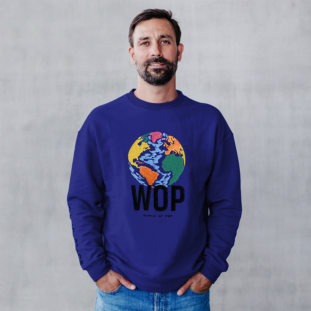 WOP- sweat brodé bleu pour adulte en coton bio-homme