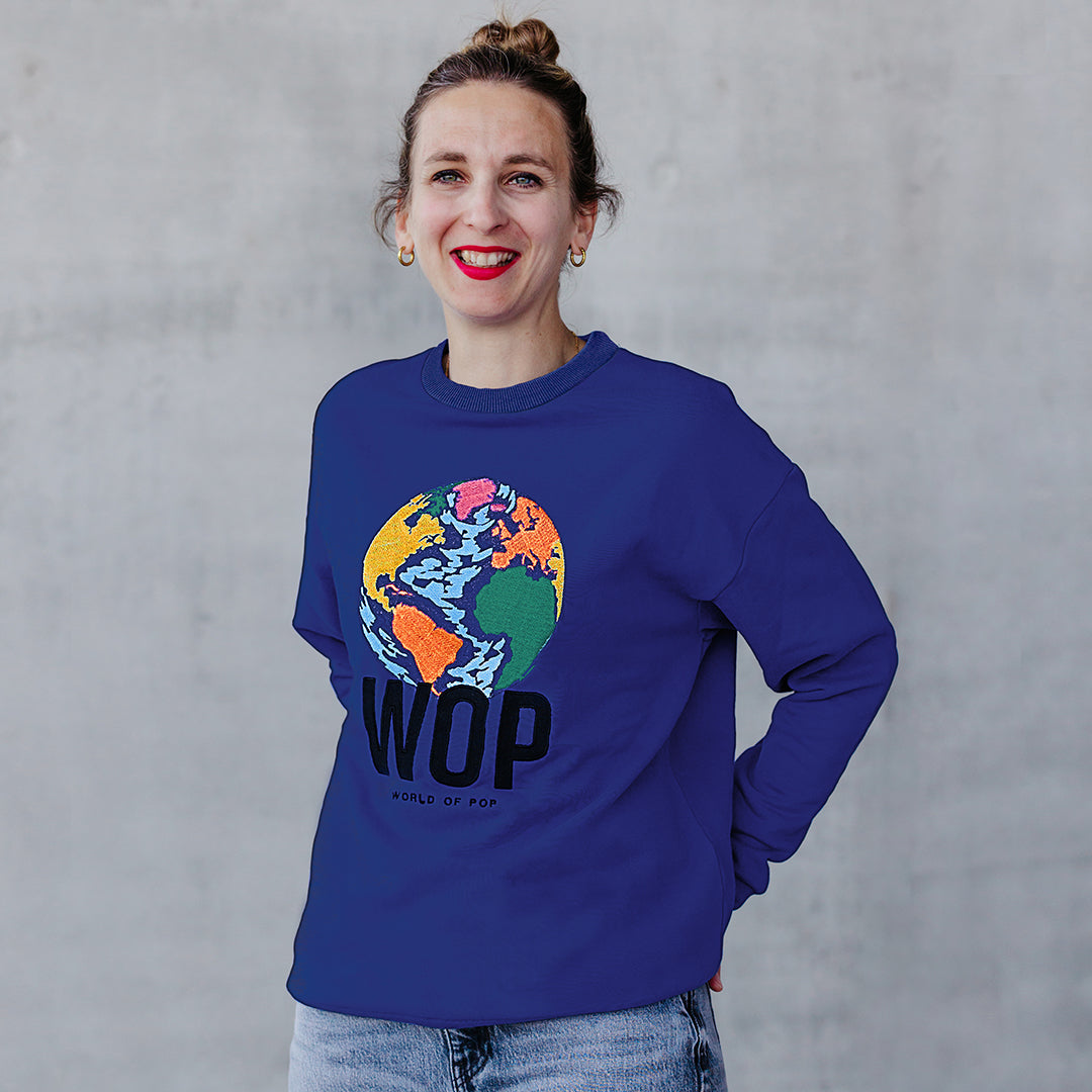 WOP- sweat brodé bleu pour adulte en coton bio-femme