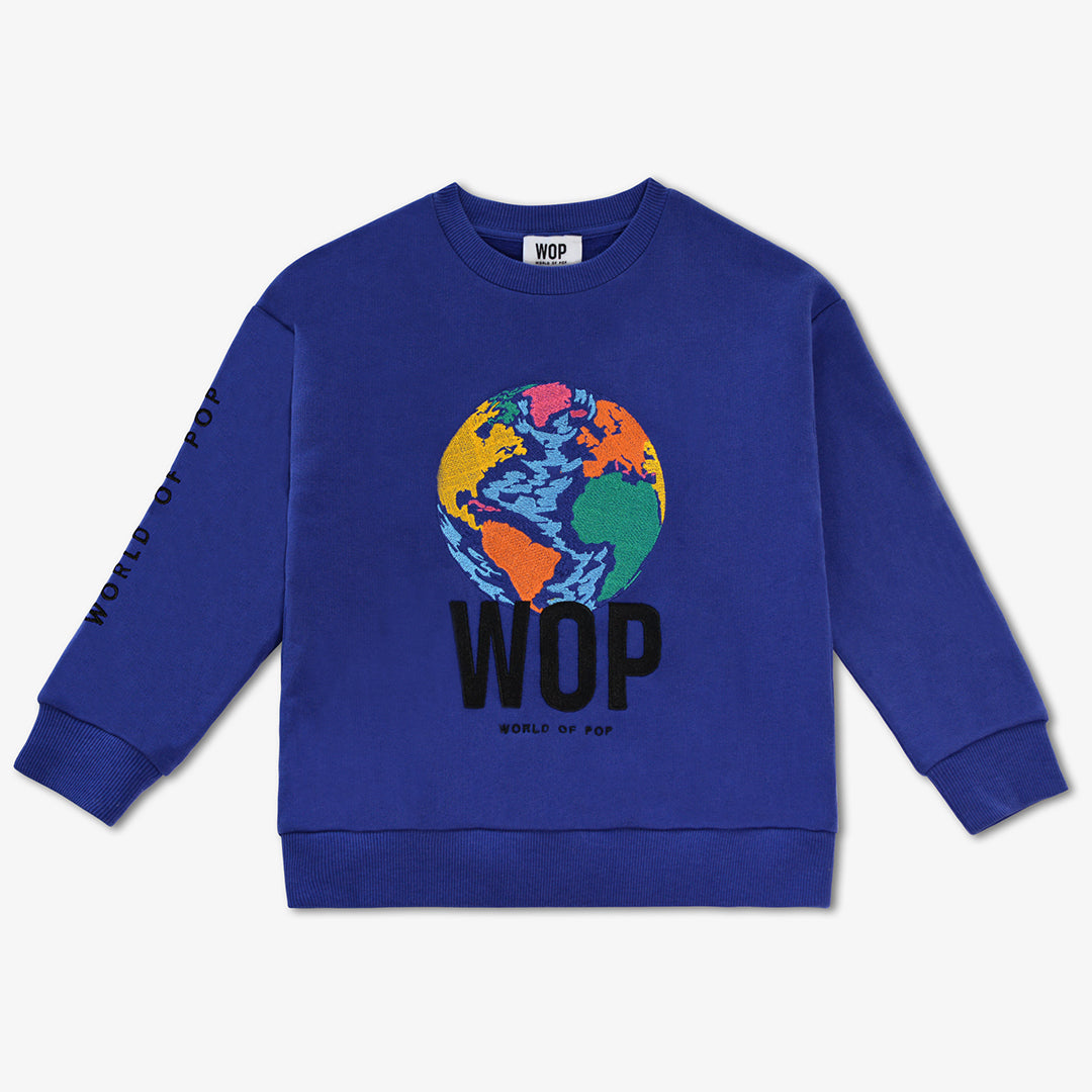 WOP- sweat brodé bleu pour enfant en coton bio