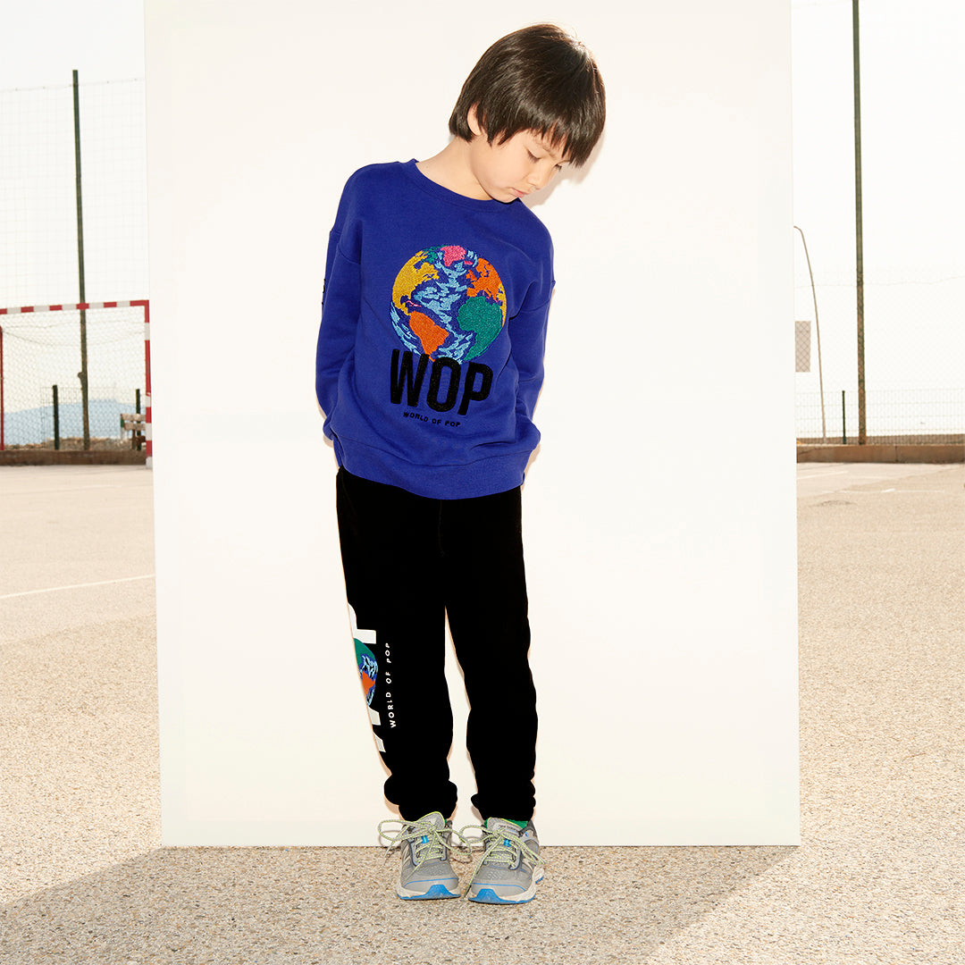 WOP- sweat brodé bleu pour enfant en coton bio-garçon