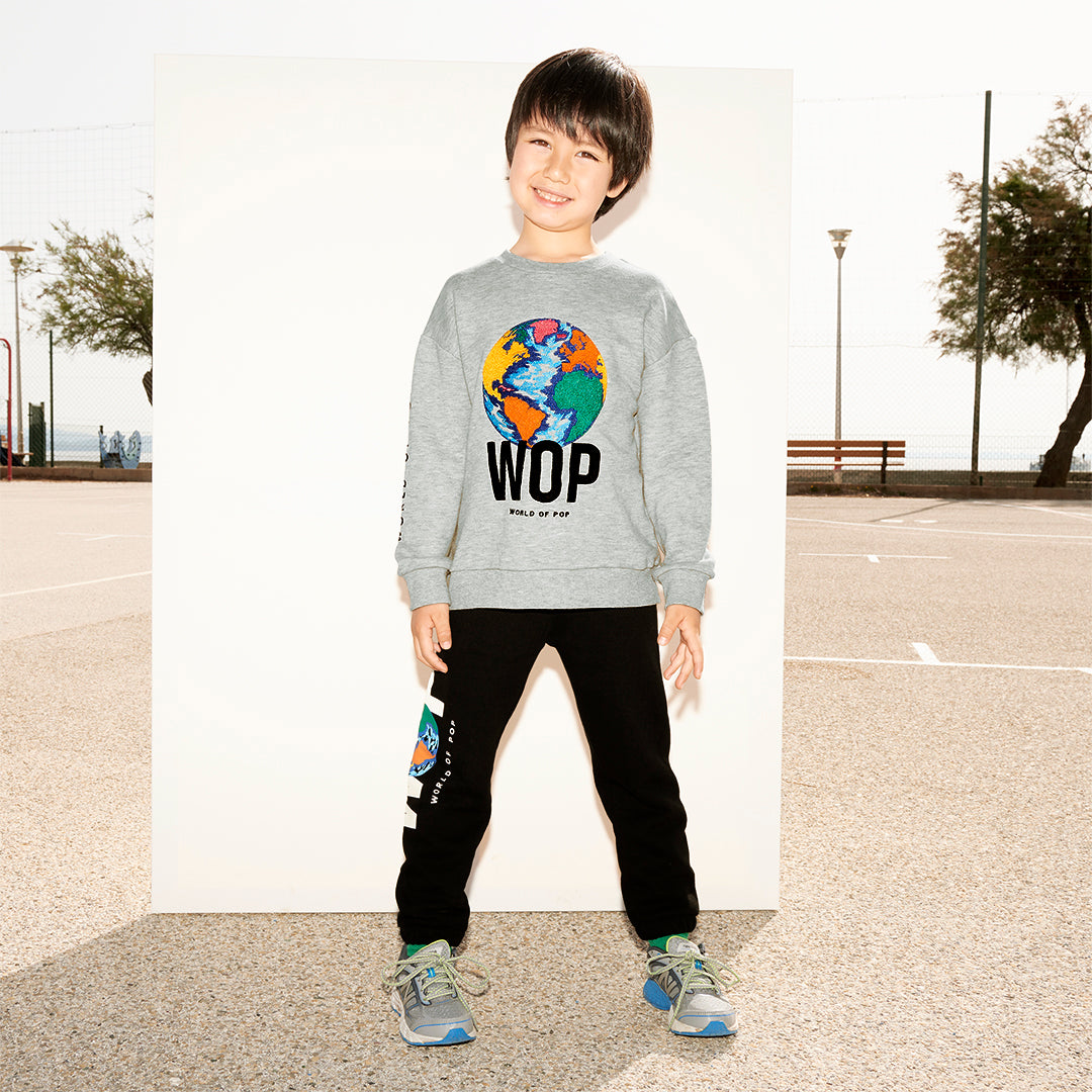 WOP- sweat brodé gris pour enfant en coton bio-garçon