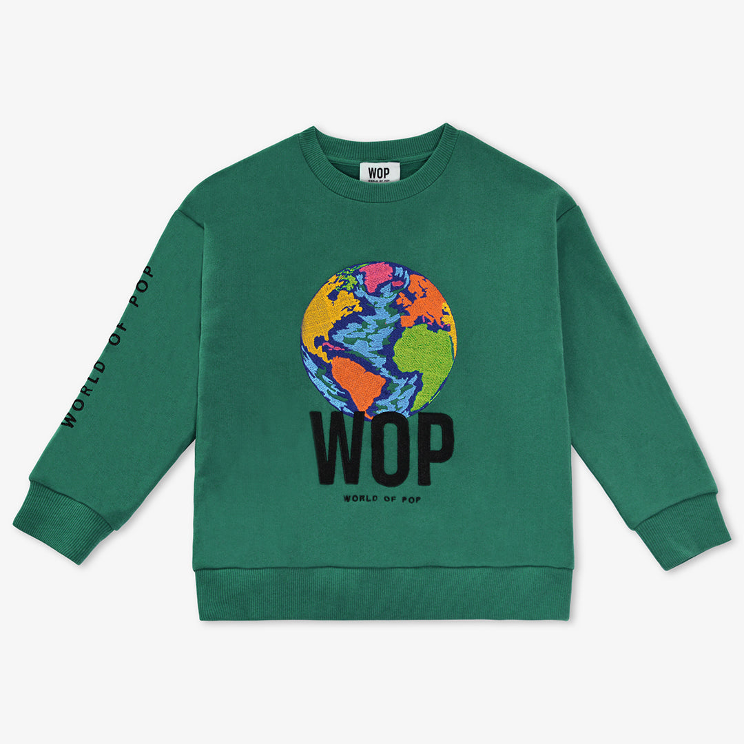 WOP- sweat brodé vert pour enfant en coton bio-garçon-fille