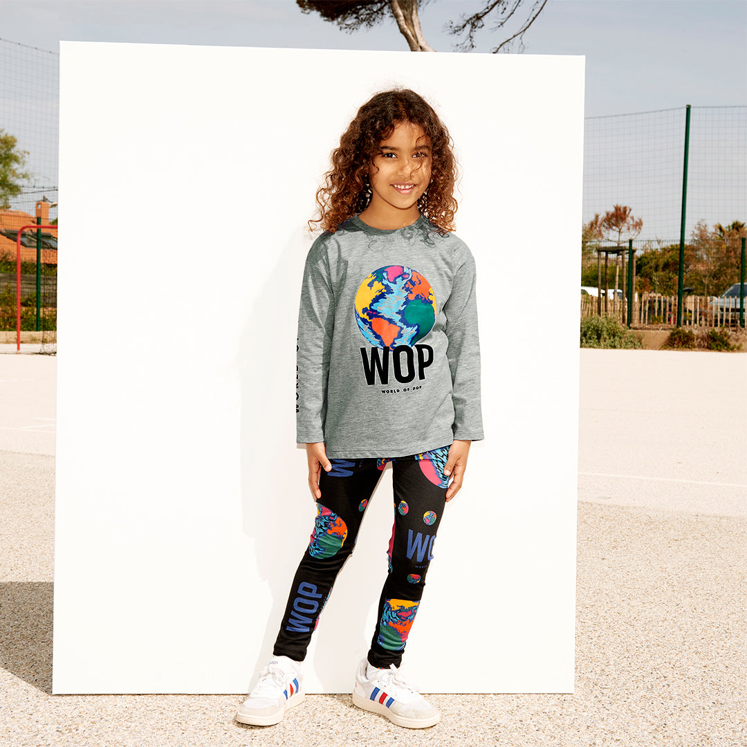 WOP-tshirt manches longues gris pour enfant en coton bio-fille