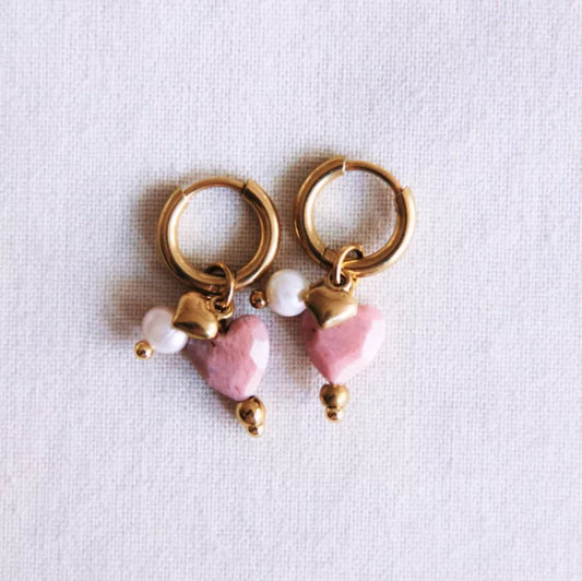 Boucles d'oreilles créoles en acier inoxydable avec cœur en pierre précieuse, mini cœur et perles - Bazou