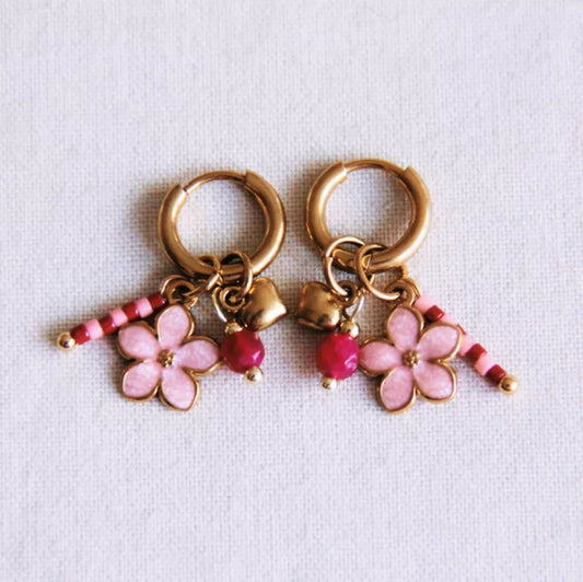 Boucles d'oreilles créoles en acier inoxydable avec fleur rose, mini cœur et pierres - Bazou