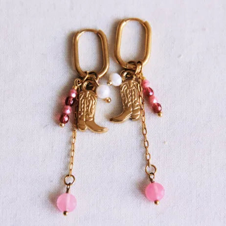 Boucles d'oreilles créoles ovales en acier inoxydable avec chaîne, botte de cowboy et facettes - Bazou