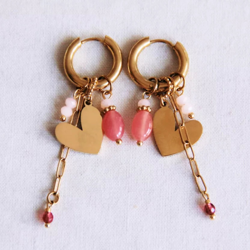 Boucles d'oreilles créoles larges en acier inoxydable avec cœur, chaîne en D et facettes - Bazou