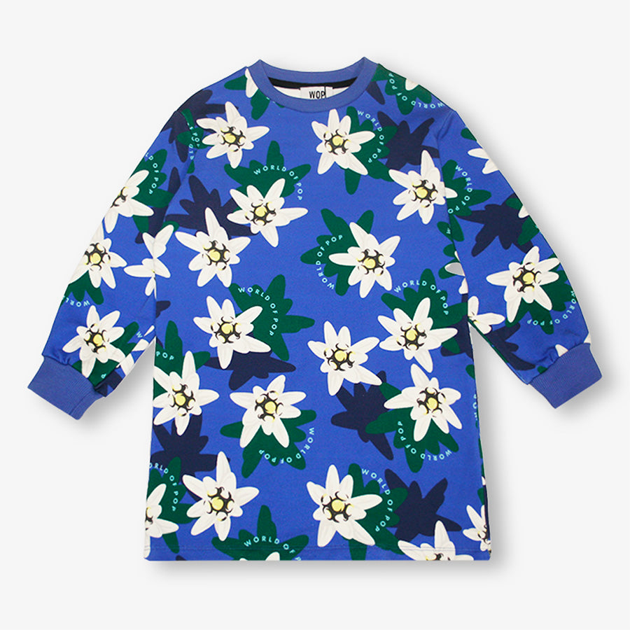 Robe bleu imprimée "Edelweiss" en coton bio pour enfants