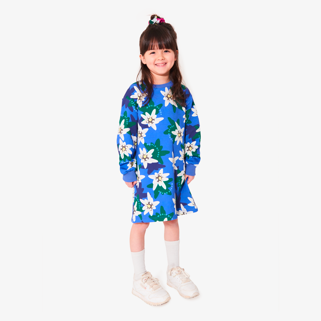 Robe bleu imprimée "Edelweiss" en coton bio pour enfants