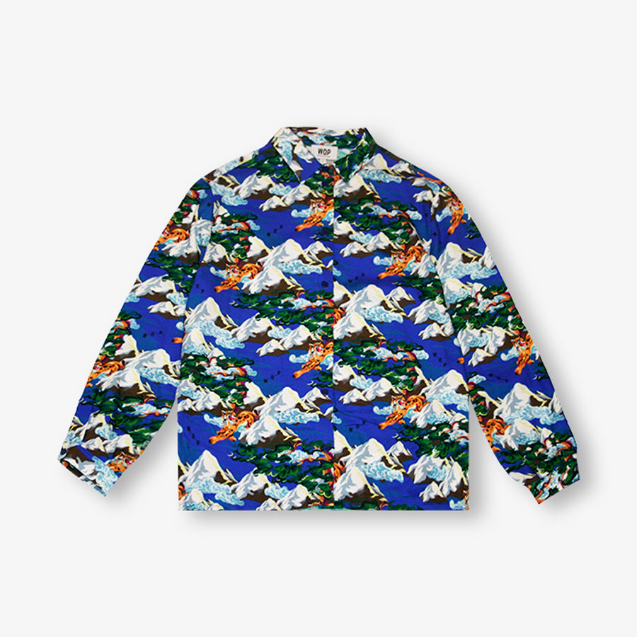 Chemise bleue à longues manches imprimée "Winter bobcat" pour adultes en Viscose Ecovero