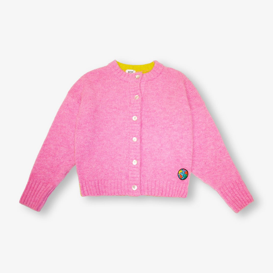 Gilet bi-colore rose & jaune iconique "Badge Planète" en alpaga pour adultes