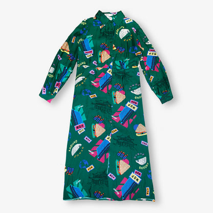 Robe fluide verte imprimée "Home world" en viscose ecovero pour adultes