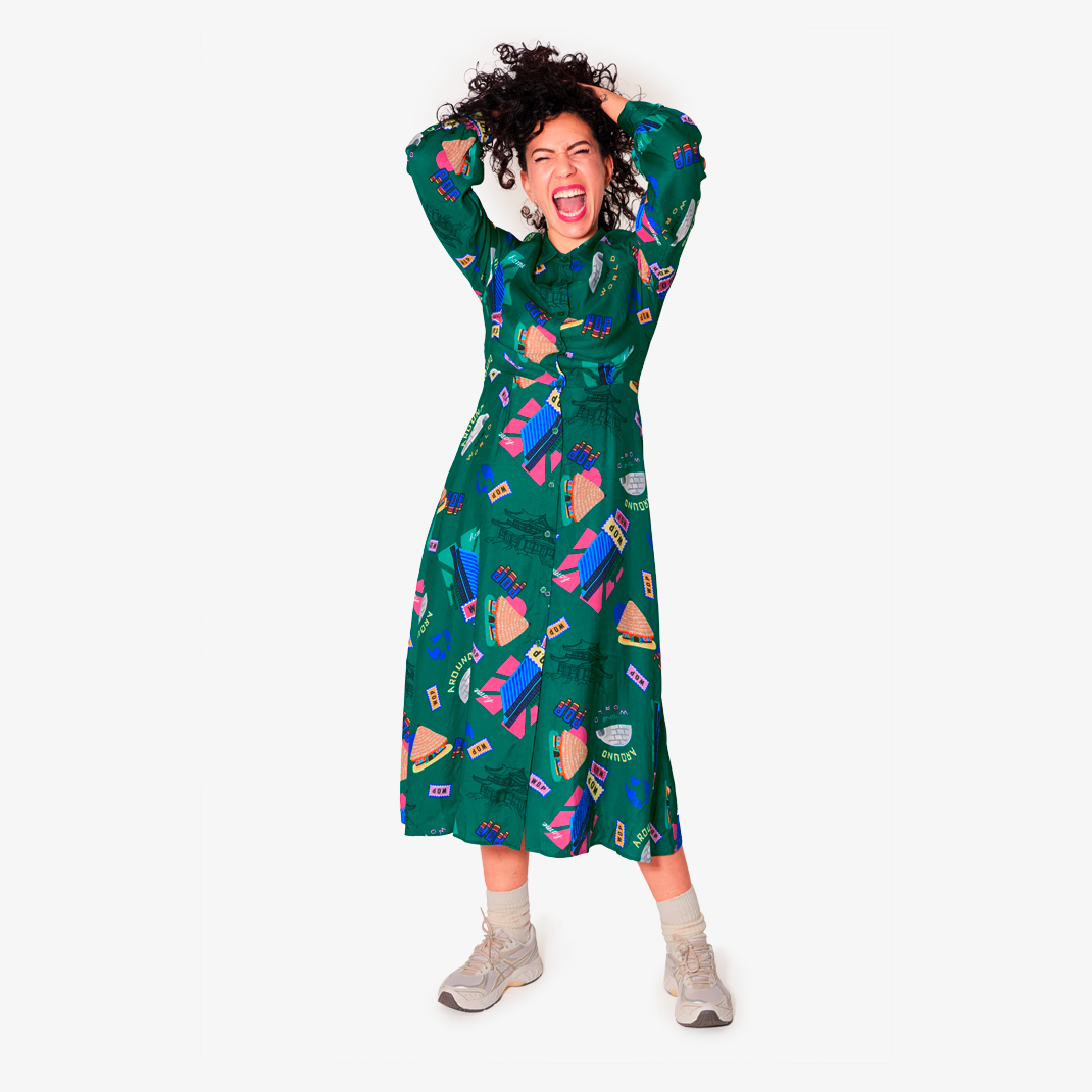 Robe fluide verte imprimée "Home world" en viscose ecovero pour adultes