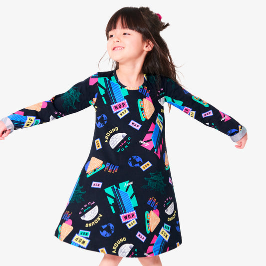 Robe noire imprimée "Home World" en coton bio pour enfants