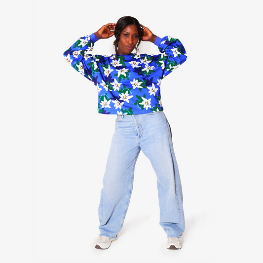 Sweatshirt bleu imprimé "Edelweiss" en coton bio pour adultes
