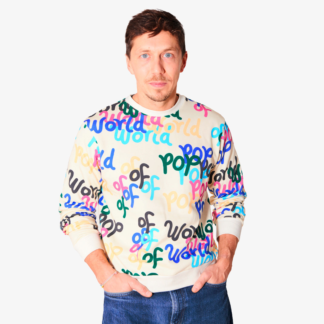 Sweatshirt beige imprimé "World Of Pop" en coton bio pour adultes