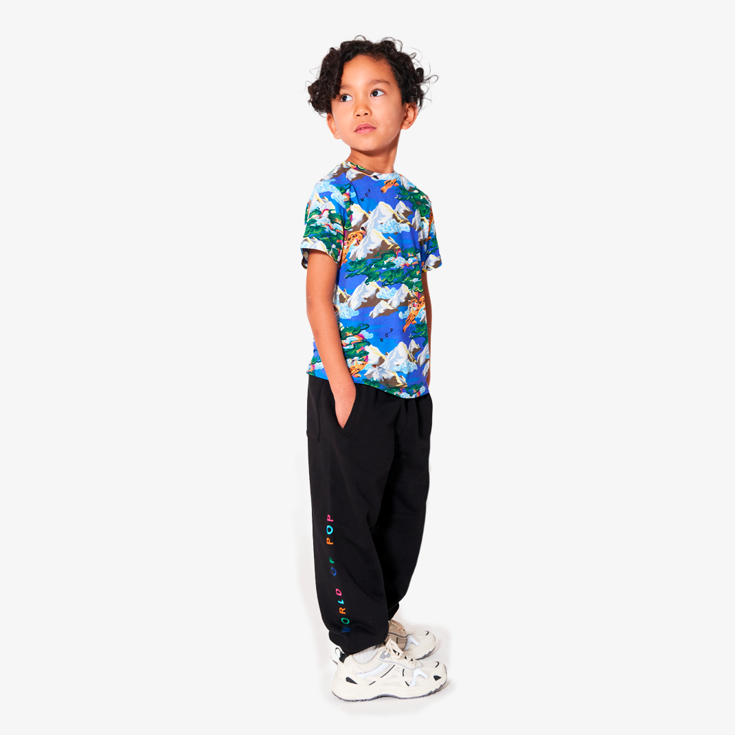 T-shirt bleu imprimé "Winter Bobcat" en coton organique pour enfants