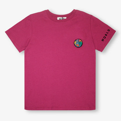 T-shirt fuchsia badge Planète pour enfants en Coton Bio