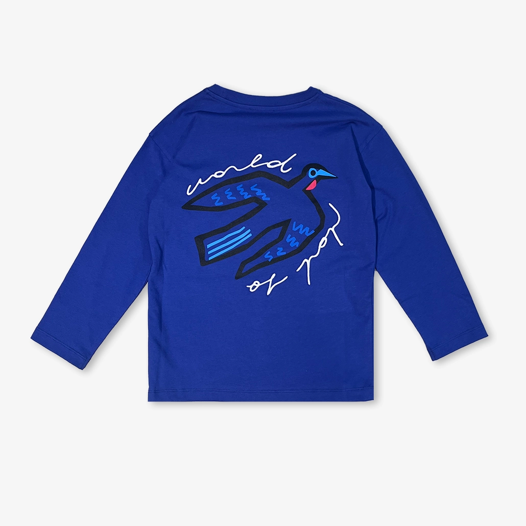 T-shirt manches longues bleu devant dos "Birds Protect" en coton bio pour enfants