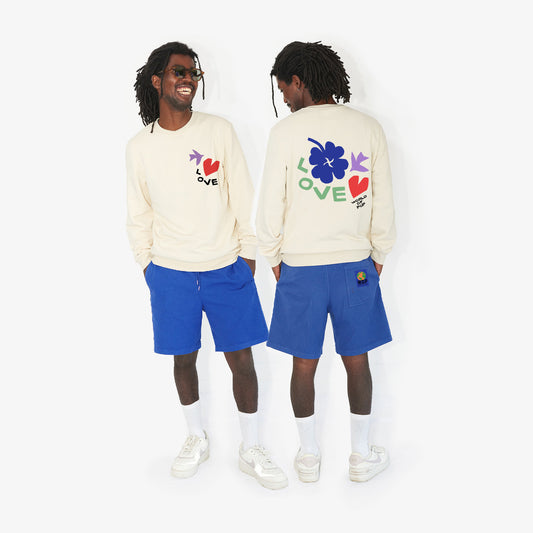 Short bleu badge planete iconique en coton bio