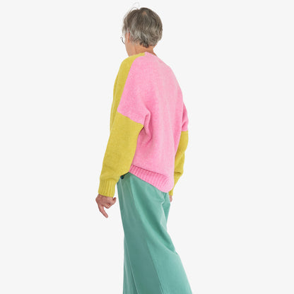 Pull bi-colore jaune & rose iconique "Badge Planète" en Alpaga pour adultes