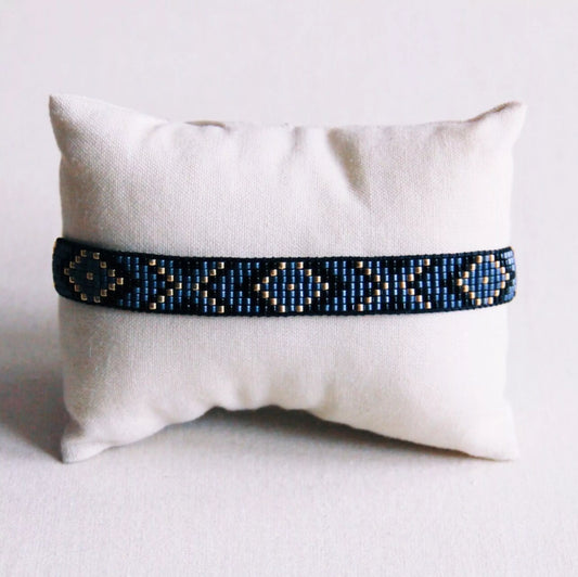 Bracelet tissé motif zigzag - noir/bleu/or - Bazou