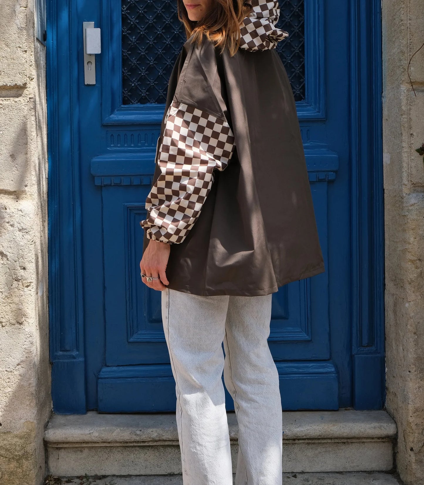 Poncho de pluie court Damier Kaki - Poule Party