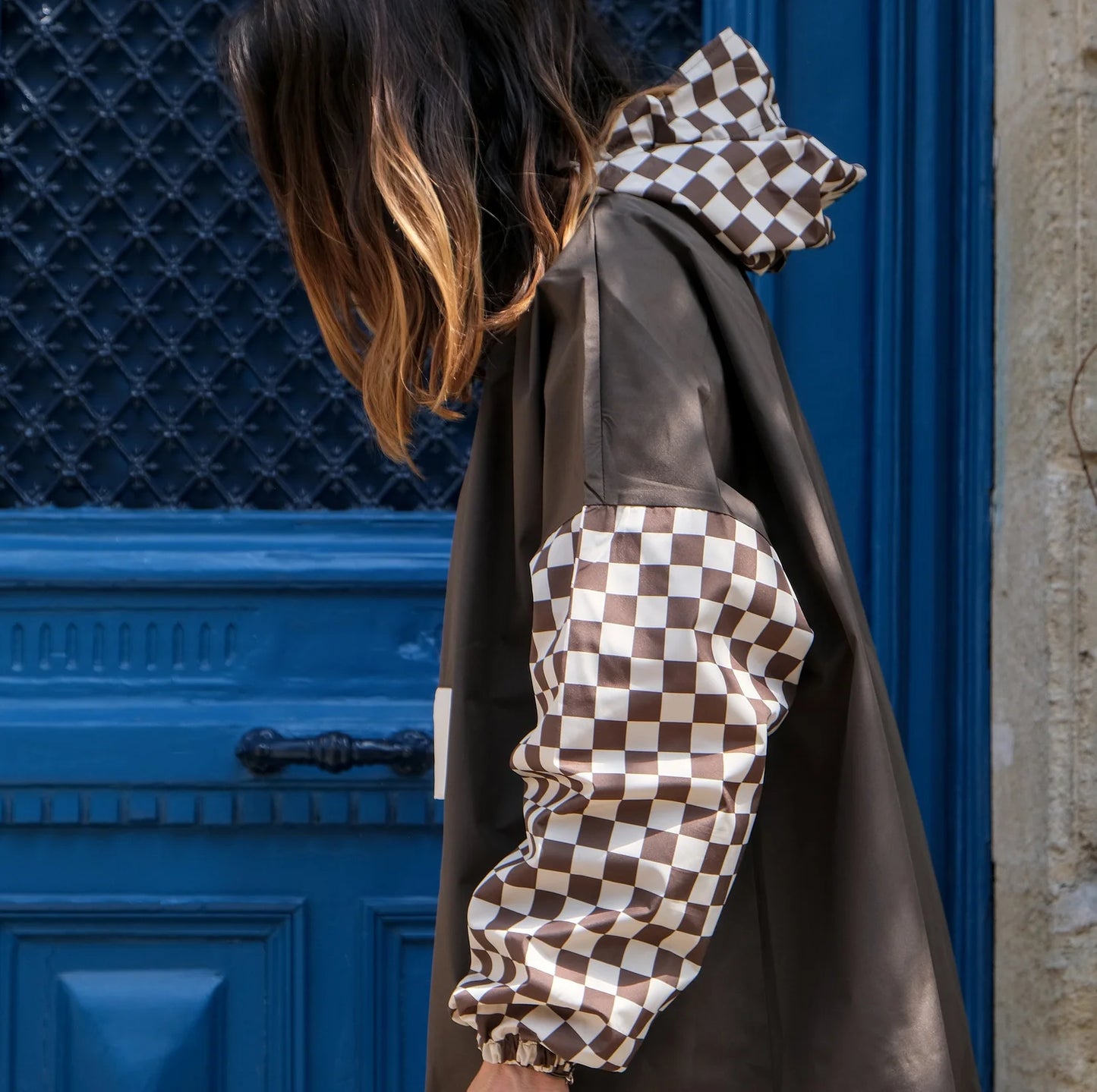 Poncho de pluie court Damier Kaki - Poule Party