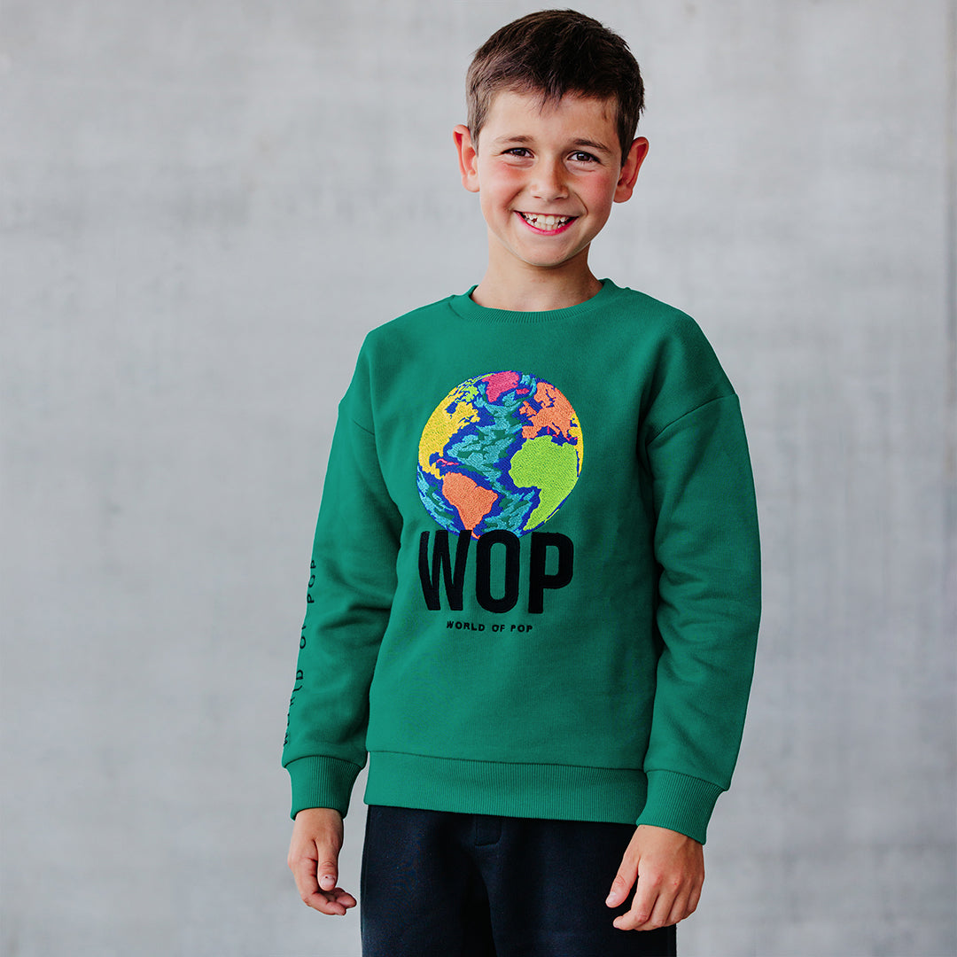 WOP- sweat brodé vert pour enfant en coton bio-garçon
